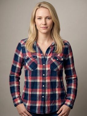 American Eagle Outfitters Navy and Pink Plaid Button-Down Shirt